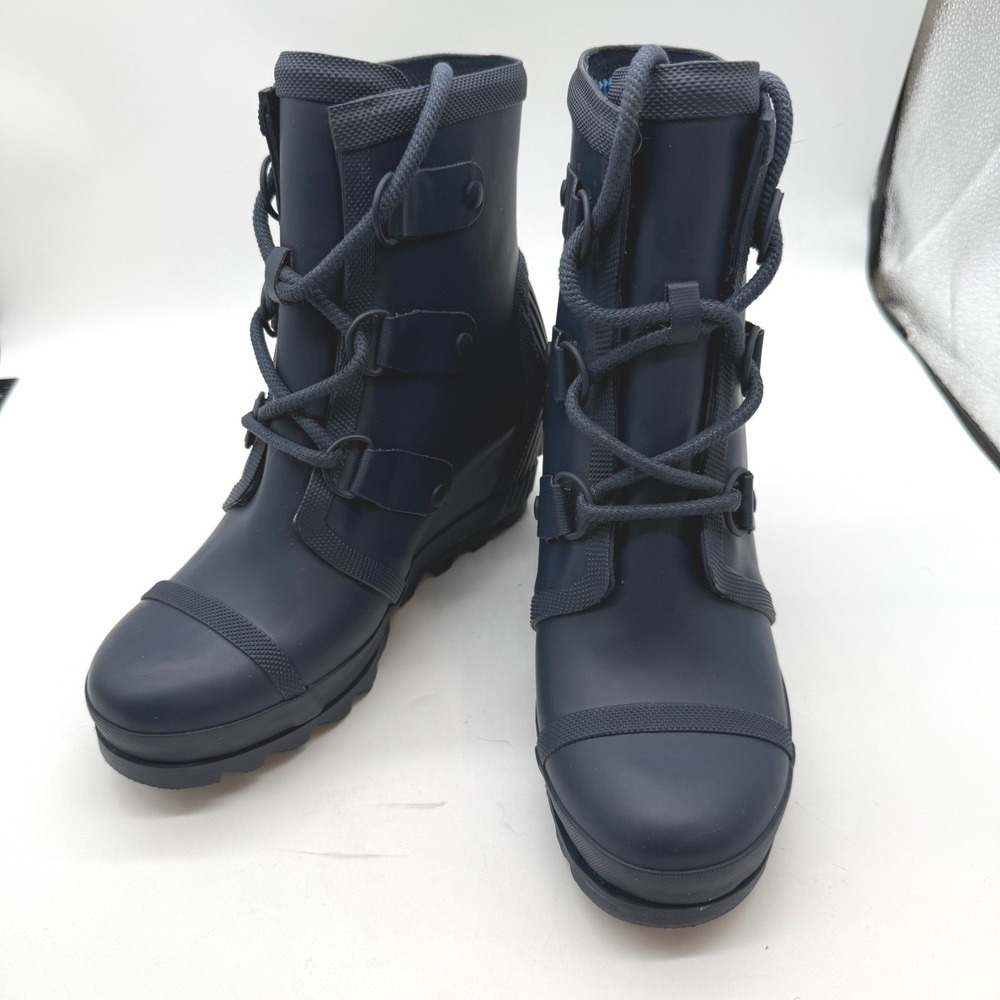 Sorel 8.5 Joan of Arctic Wedge II Rain Boots Navy Blue Rubber NL2442-464 Womens